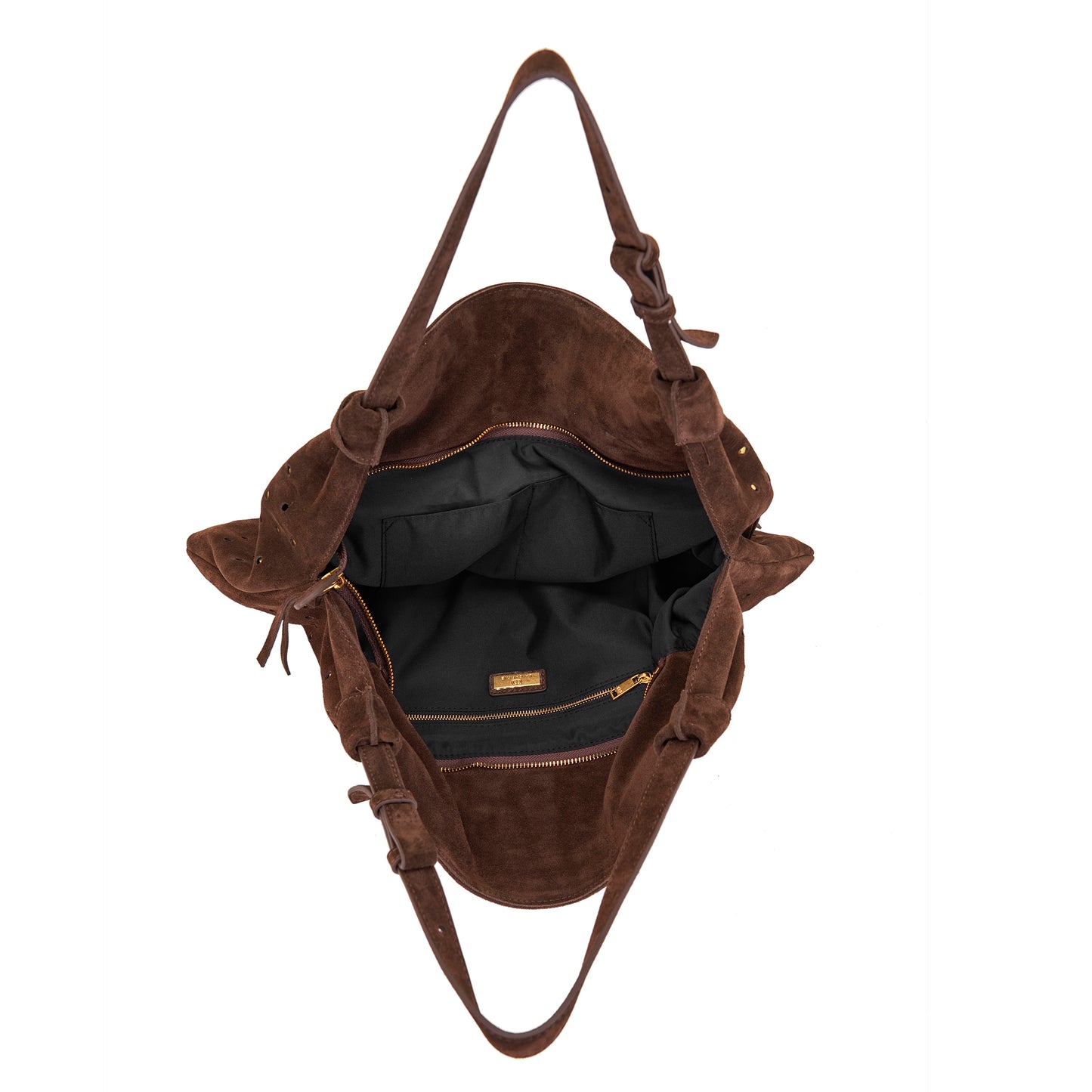 Borsa grande a spalla brown in suede con borchie oro