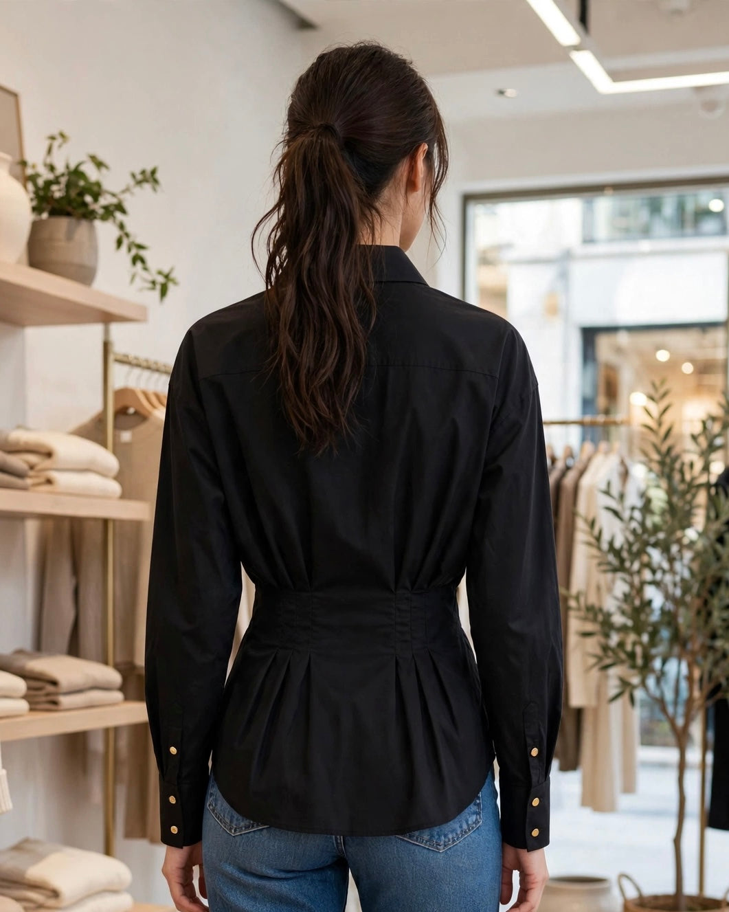 Camicia nera manica lunga con drappeggio