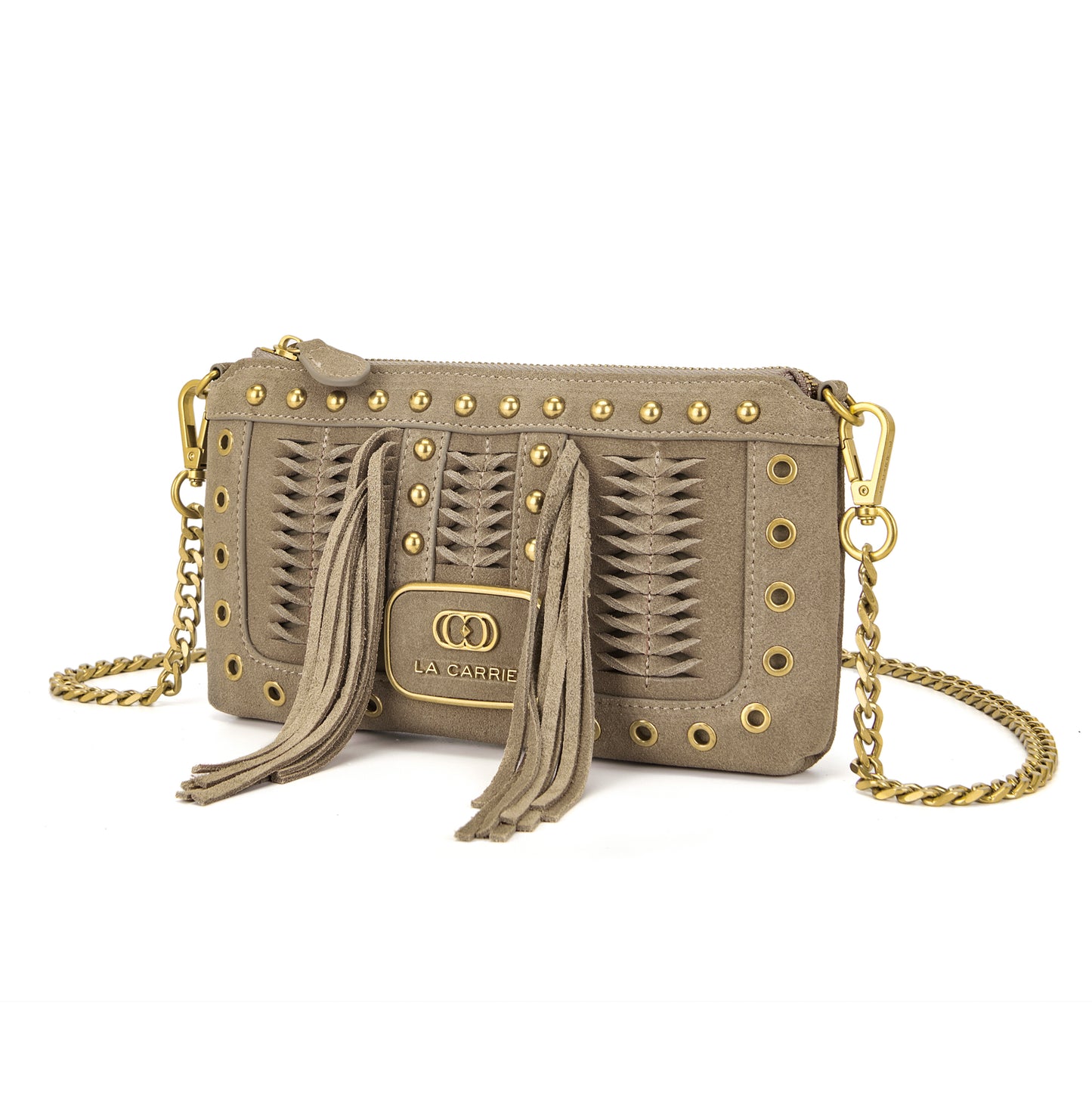 Pochette con frange suede taupe