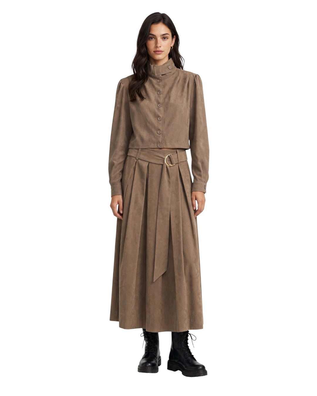 Mud-colored set consisting of a shirt with a Peter Pan collar, elasticated waist, and a long skirt with gathers and a belt at the waist