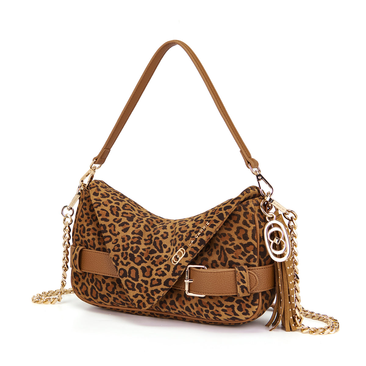Borsa a tracolla suede stampa animalier con dettagli in ecopelle cuoio