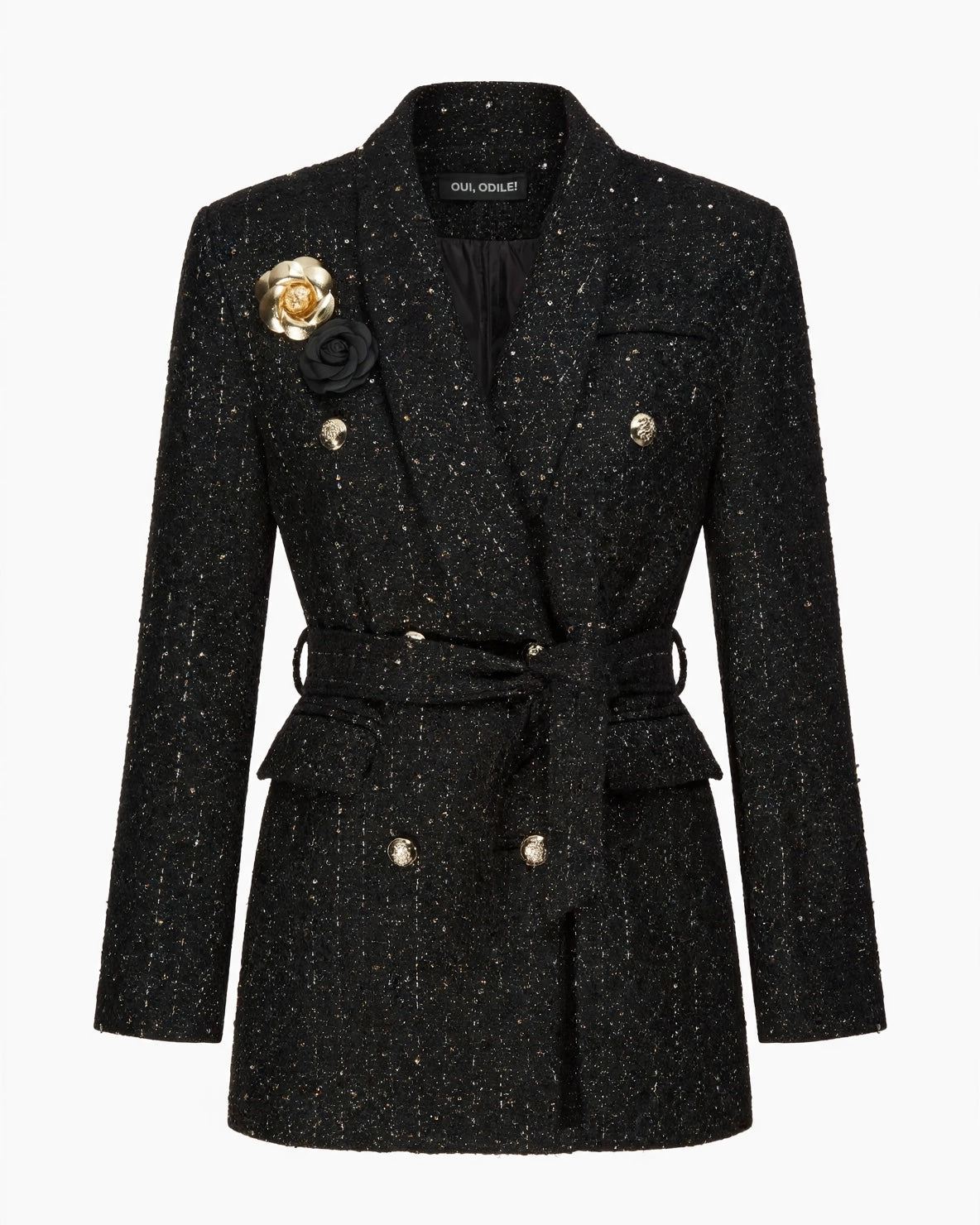 Giacca nera tweed con micro paillettes oro bottoni sui polsini spille rimovibili e cintura in vita