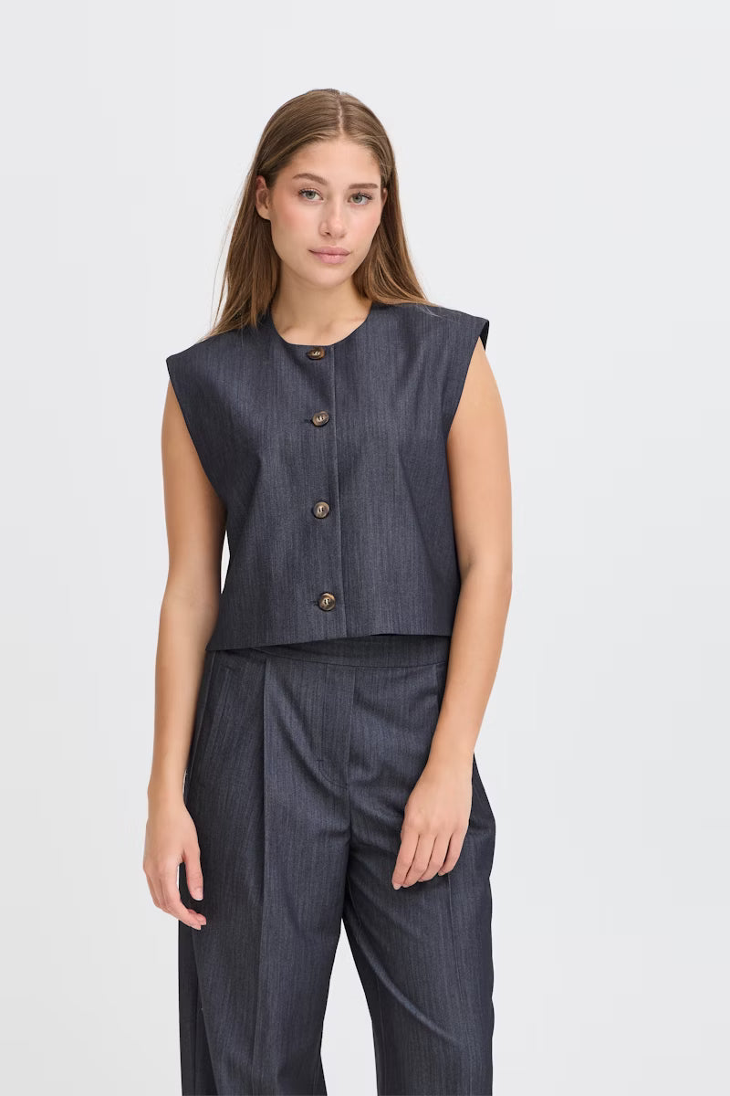 Completo blu con gilet e pantalone palazzo