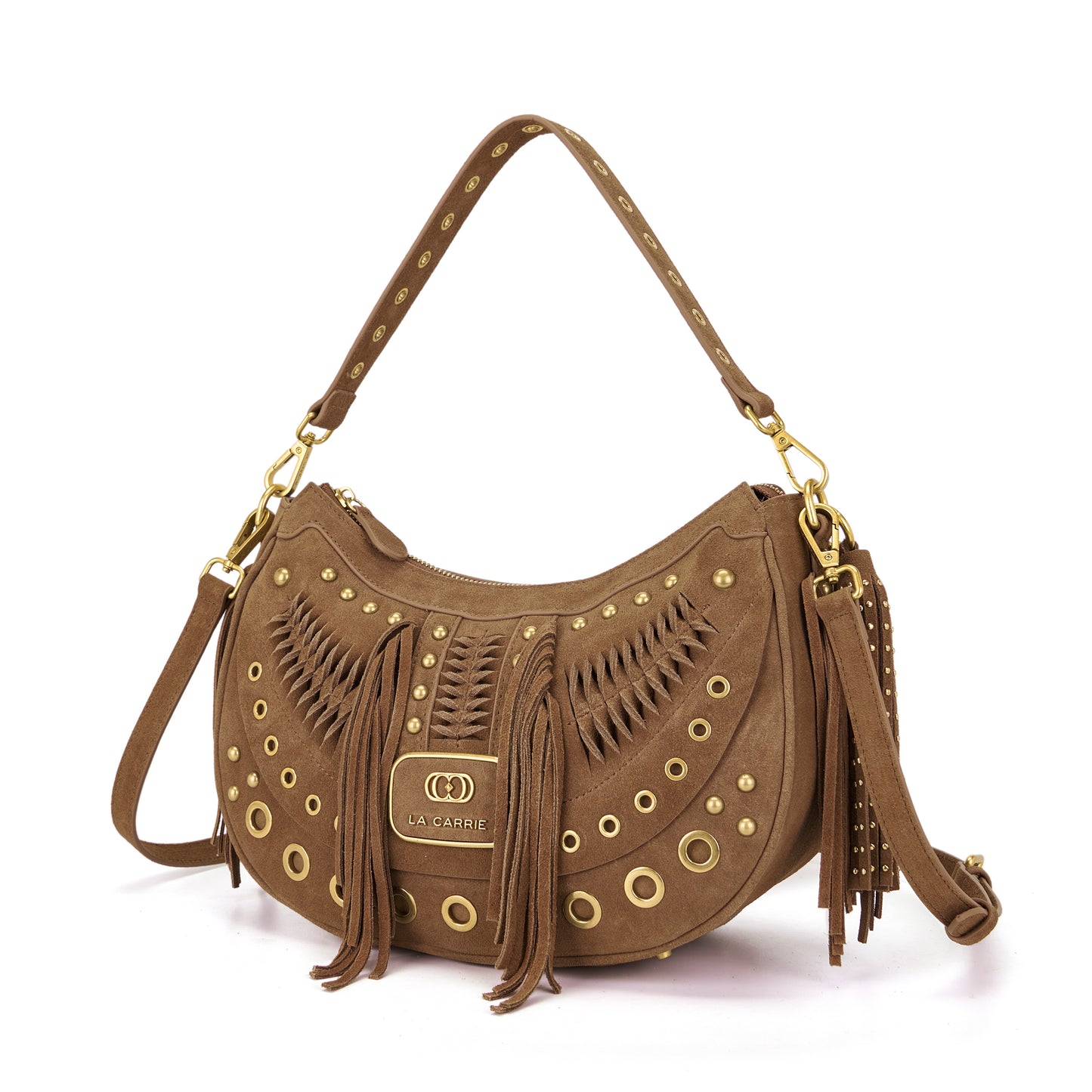 Borsa a spalla suede cuoio con frange e borchie a contrasto oro