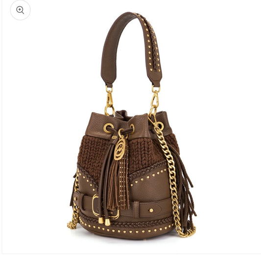 Secchiello grande brown in pelle e lana intrecciata