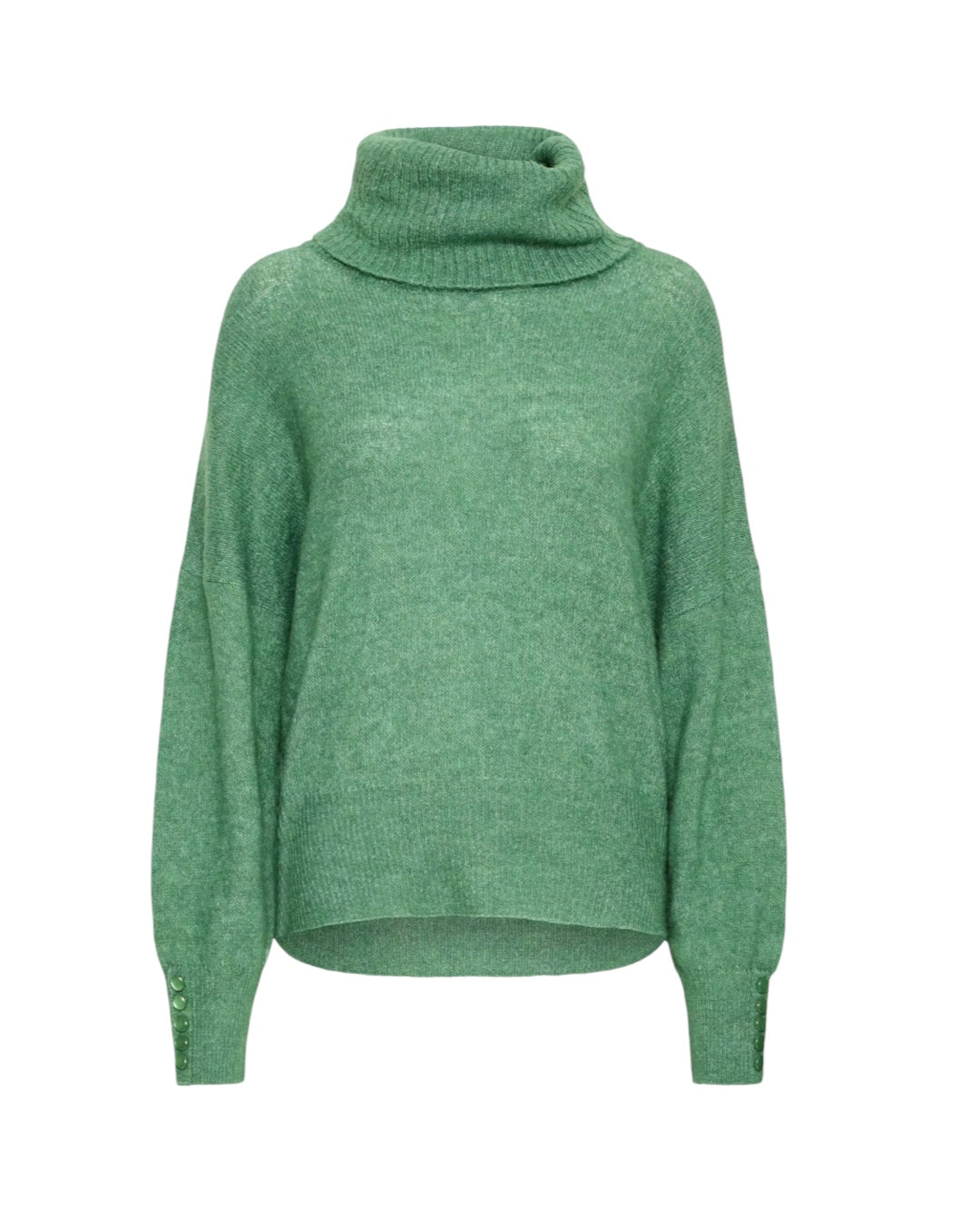 Maglione verde oversize collo alto e bottoni sui polsini
