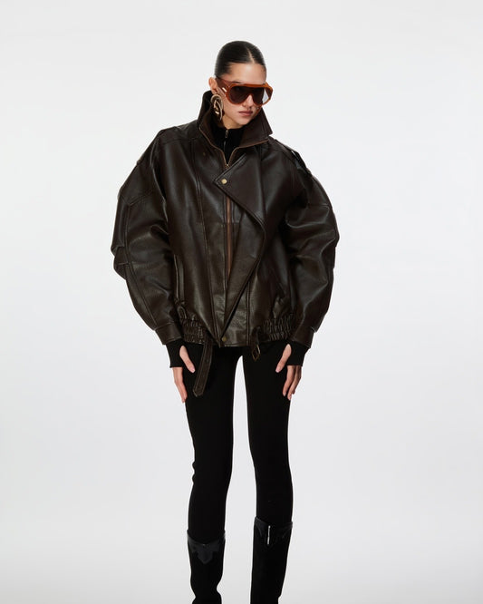 Oversized brown bomber jacket with zip and button closure and waist belt