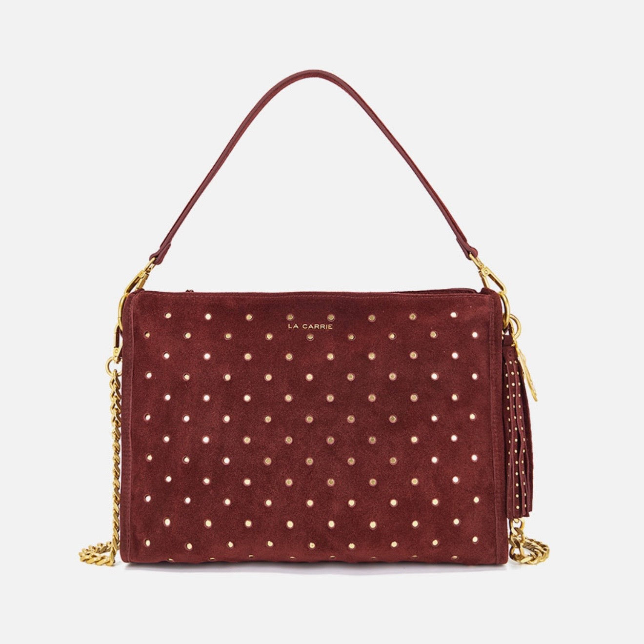 Borsa a spalla burgundy in suede con borchie oro