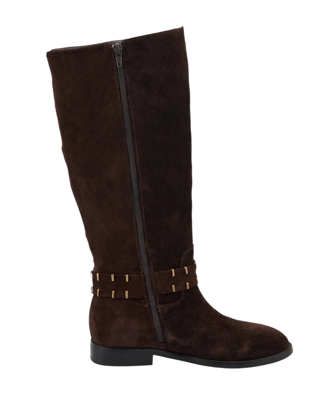 Tall dark brown suede boot with zip and ankle detail