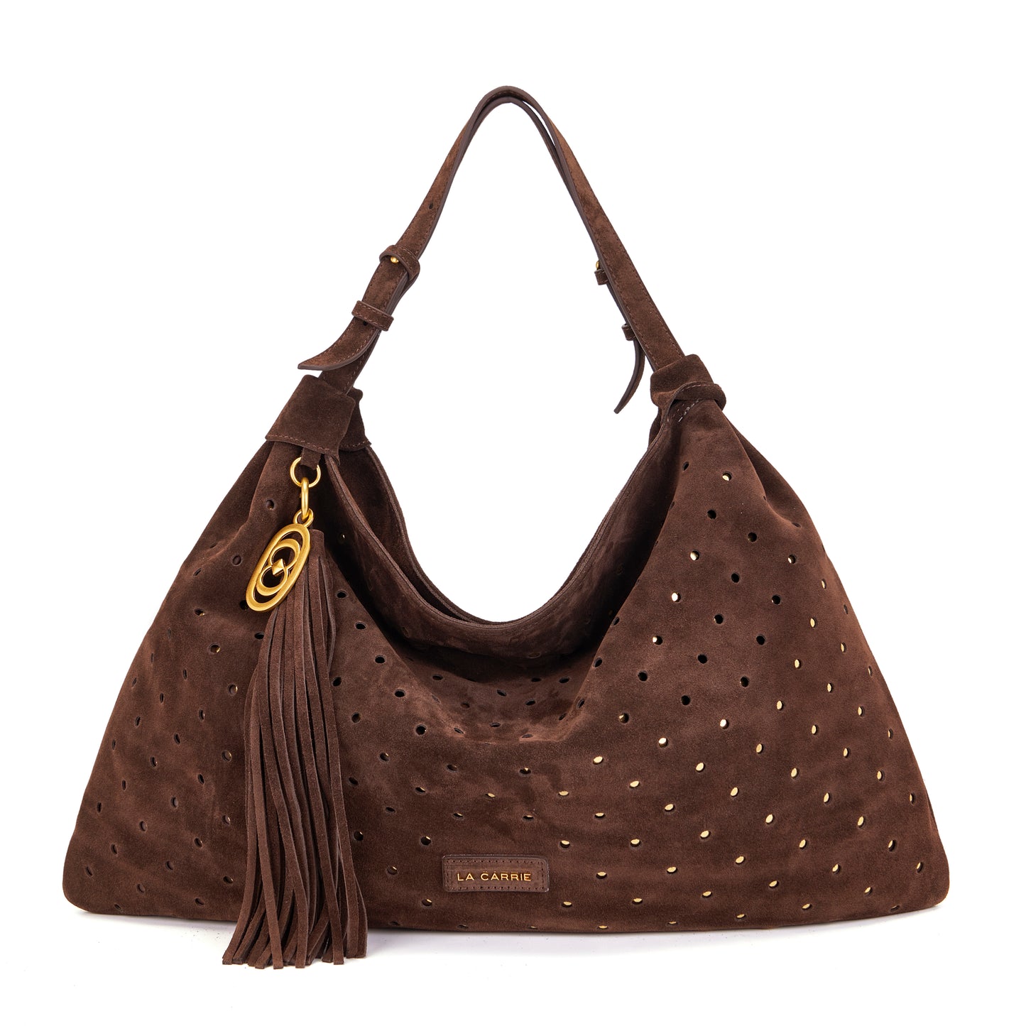 Borsa grande a spalla brown in suede con borchie oro