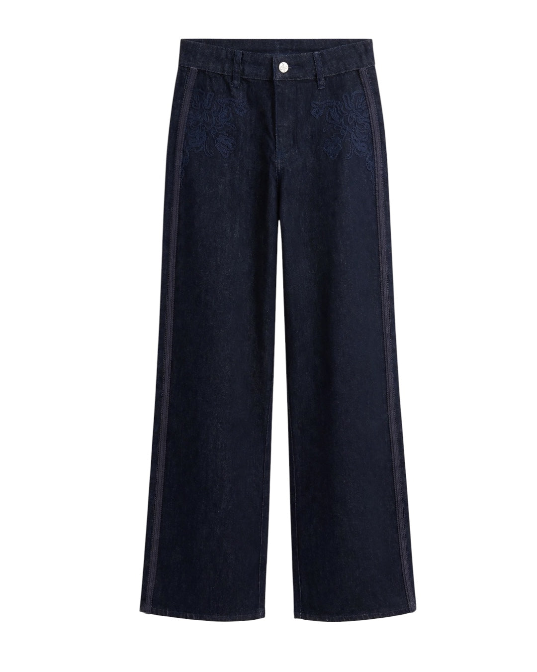 Completo gilet smanicato e jeans palazzo con dettagli ricami
