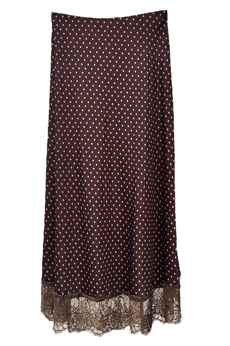 Gonna lunga bordeaux a pois effetto raso con pizzo