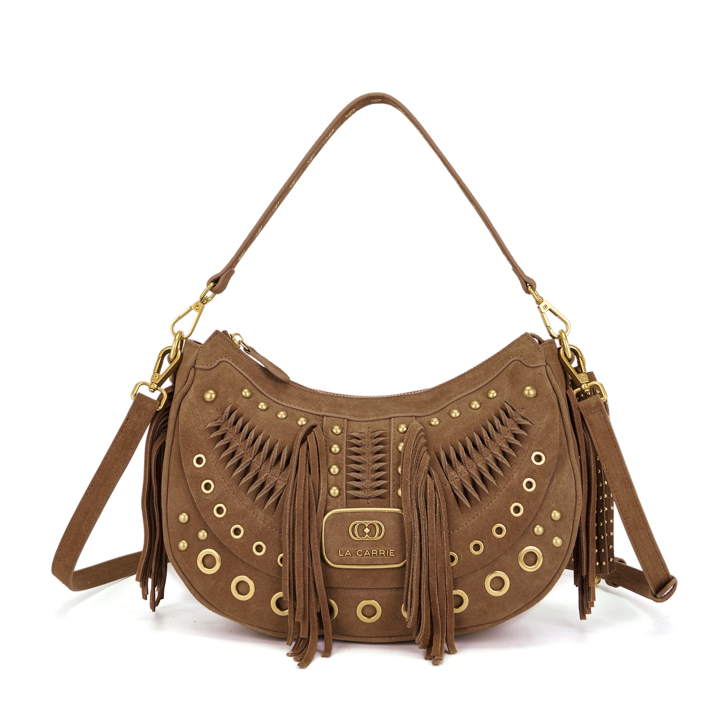 Borsa a spalla suede cuoio con frange e borchie a contrasto oro