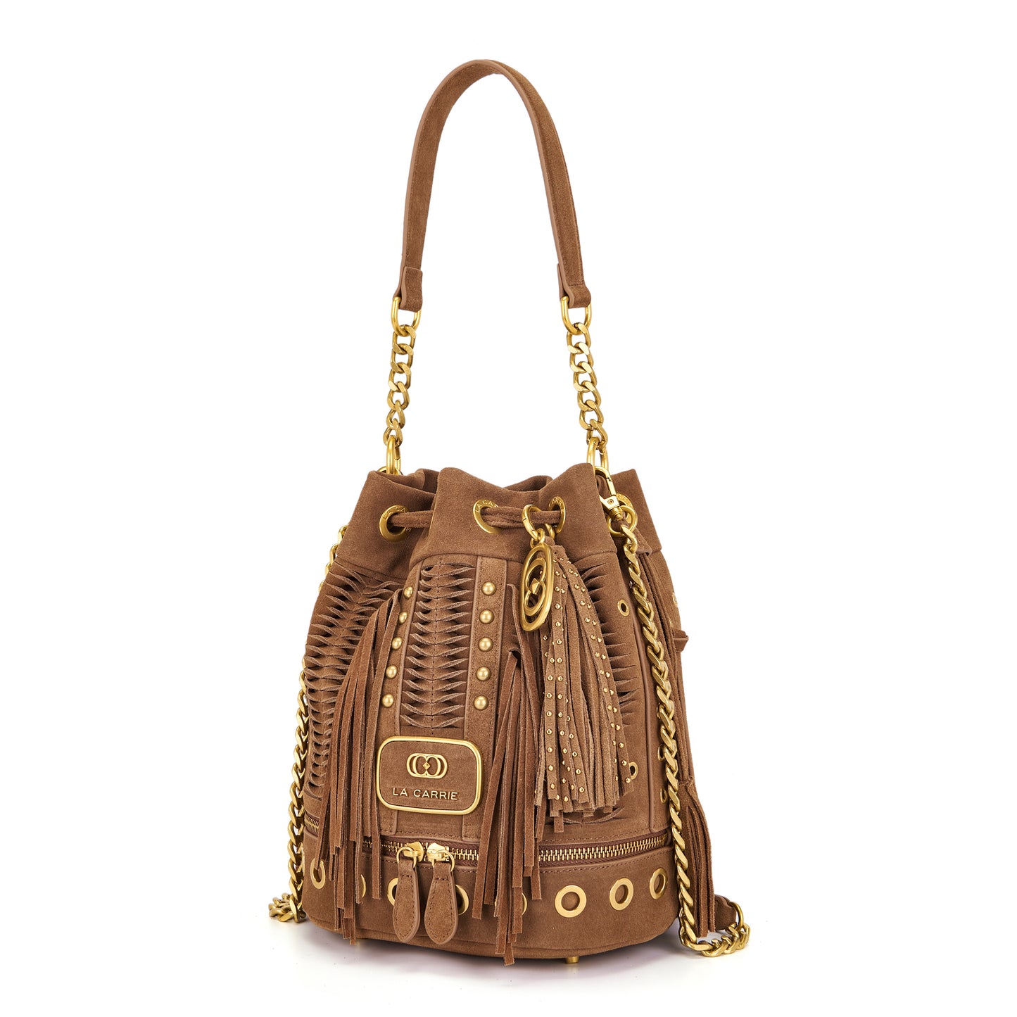 Secchiello suede cuoio con frange e borchie