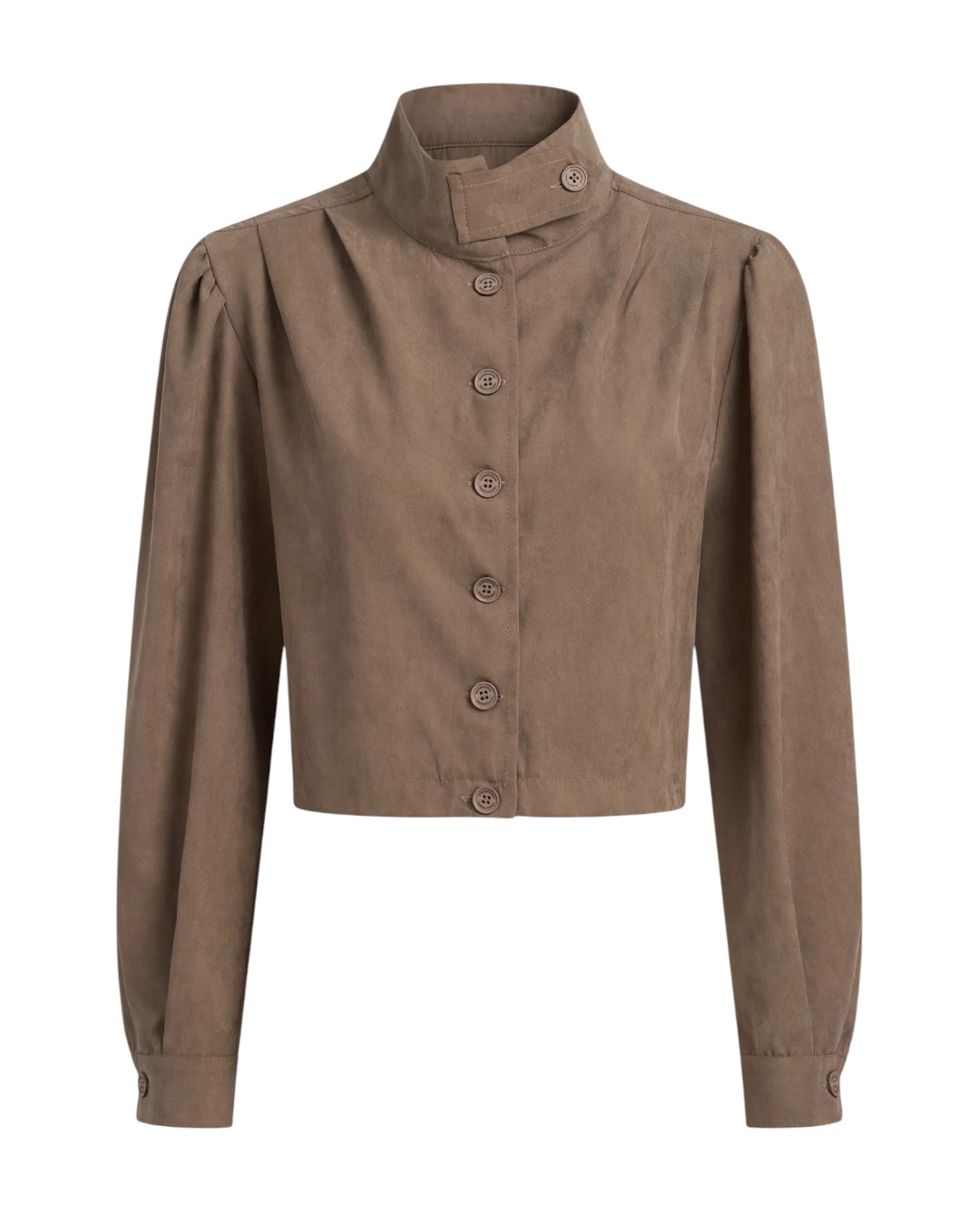 Mud-colored set consisting of a shirt with a Peter Pan collar, elasticated waist, and a long skirt with gathers and a belt at the waist