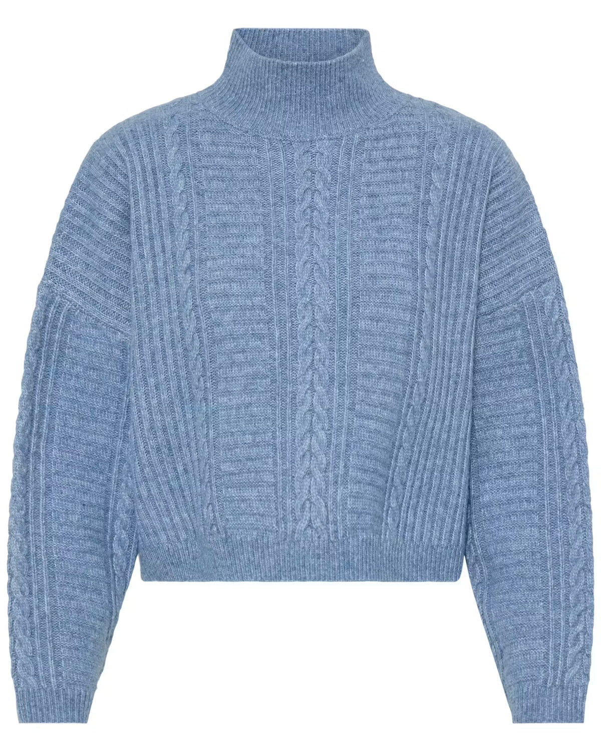 Maglione celeste con ricami a collo alto