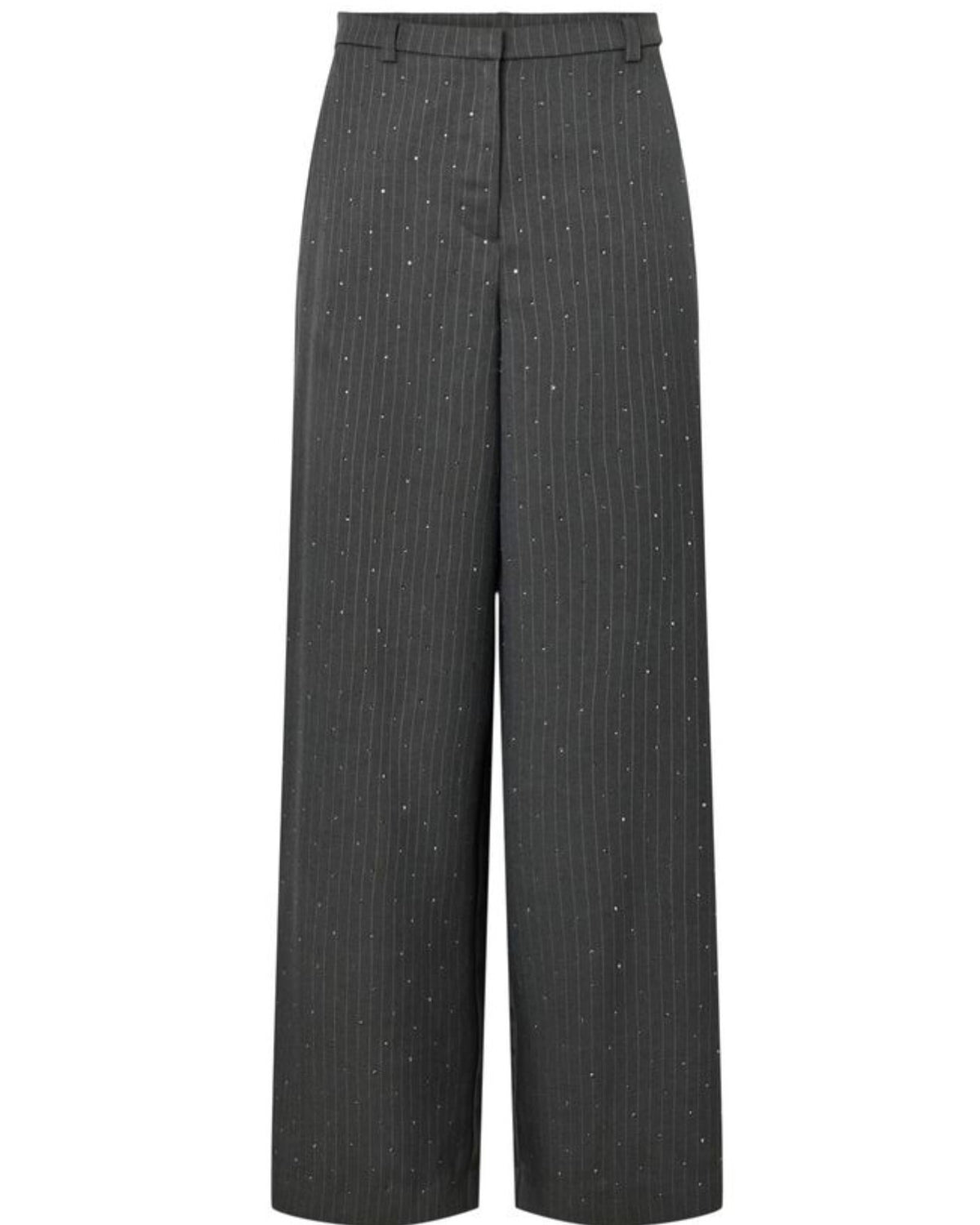 Tailleur grey dettagli strass giacca monopetto e pantalone palazzo  con elastico in vita