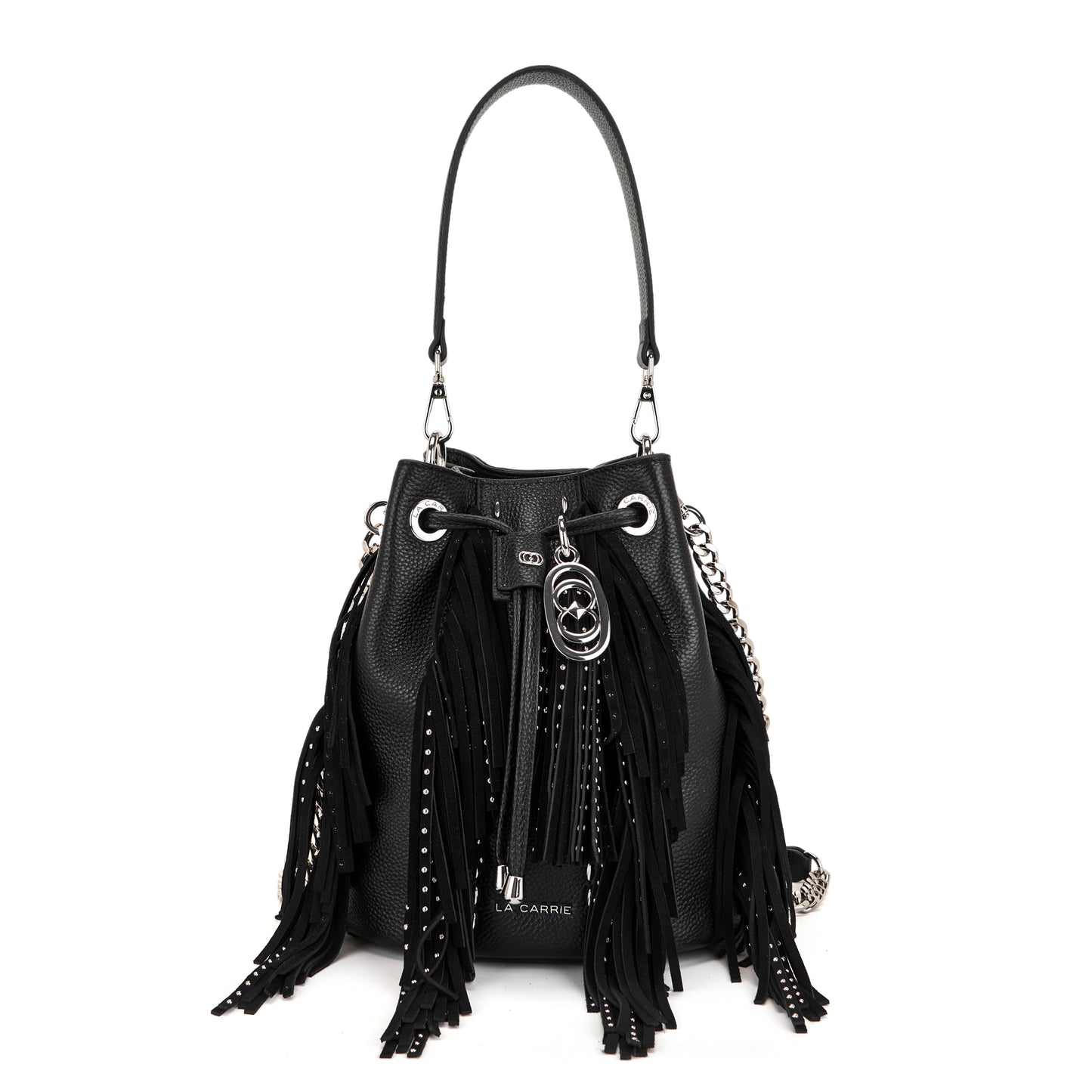Secchiello black con frange a contrasto in suede