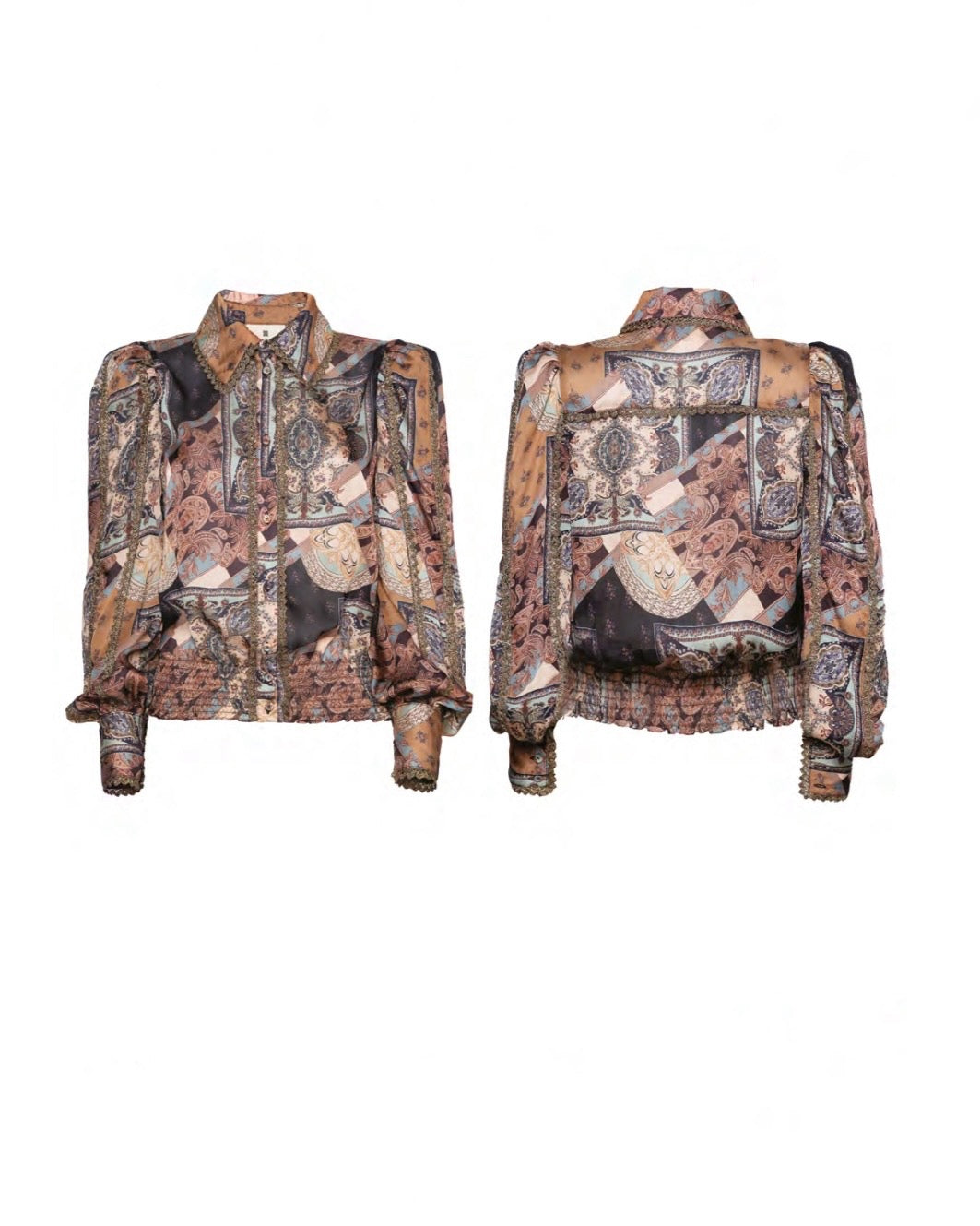 Camicia fantasia manica lunga con  arricciatura e dettagli oro