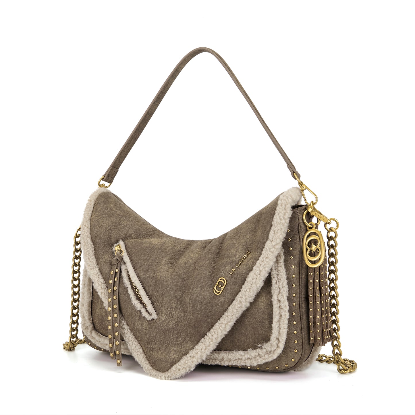 Borsa a spalla taupe effetto montone