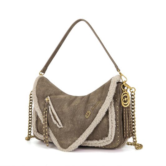 Borsa a spalla taupe effetto montone