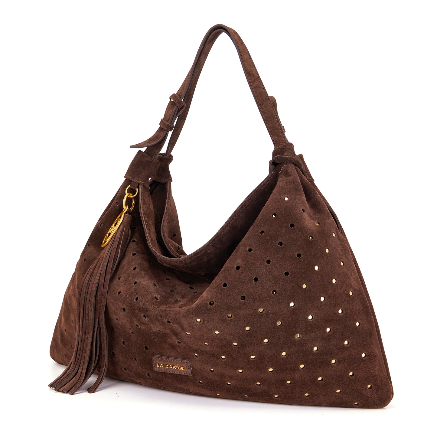 Borsa grande a spalla brown in suede con borchie oro
