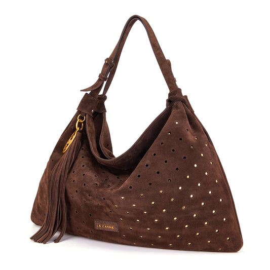 Borsa grande a spalla brown in suede con borchie oro
