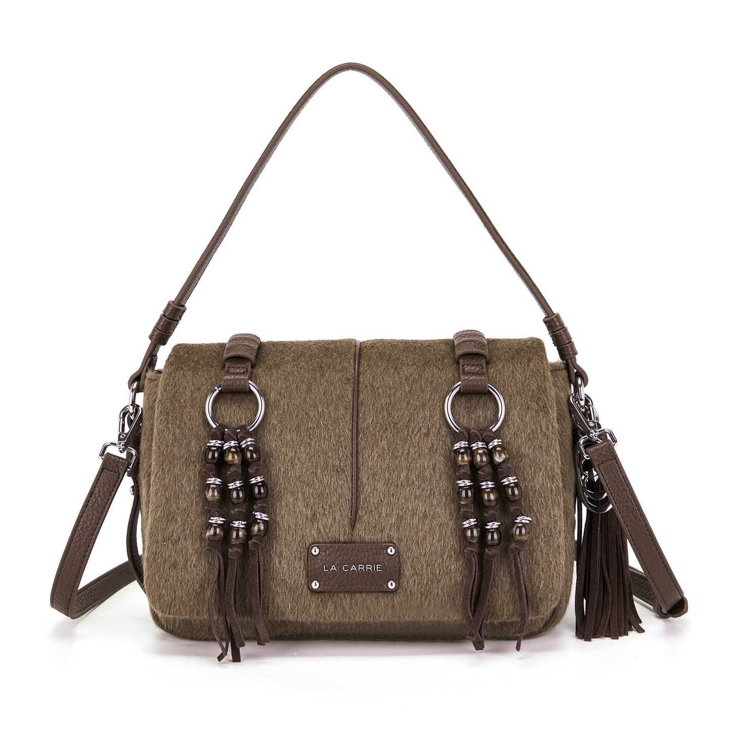 Borsa a spalla brown effetto lana con accessorio