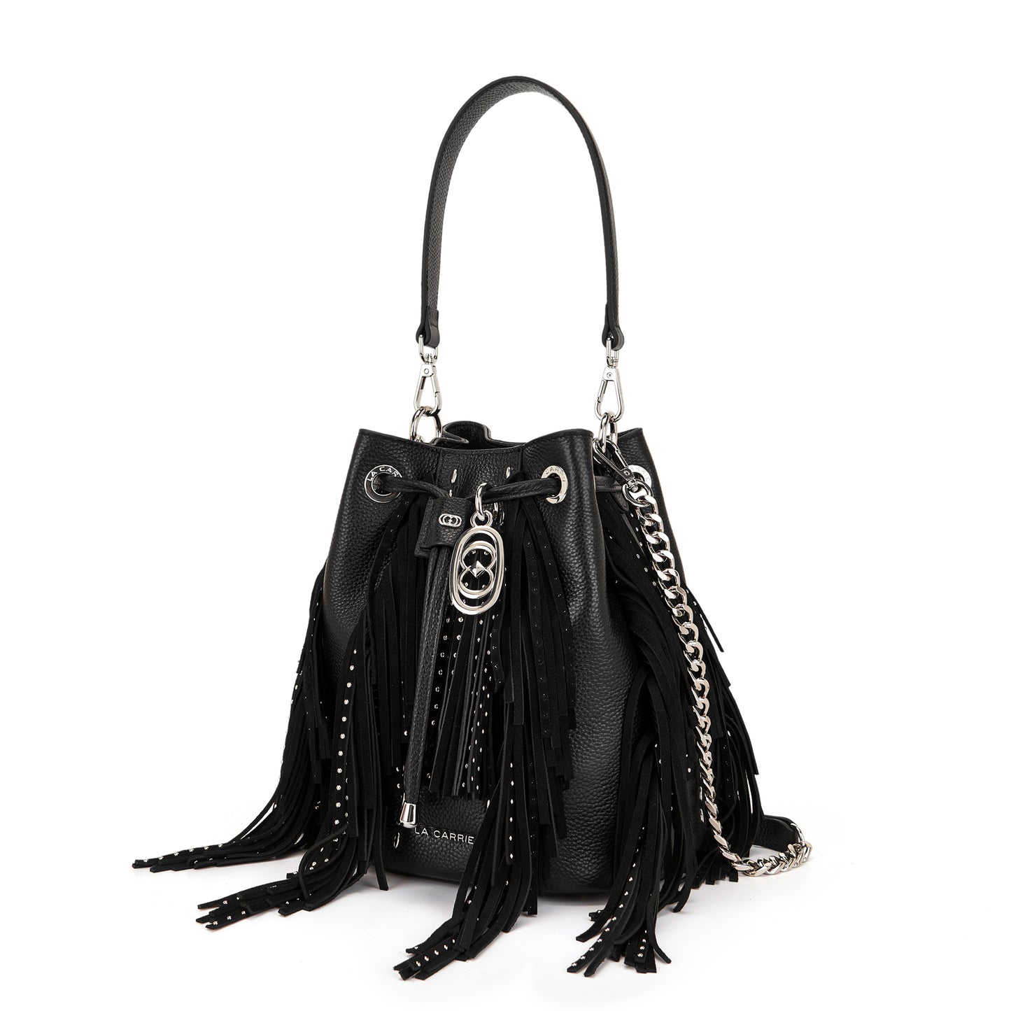 Secchiello black con frange a contrasto in suede