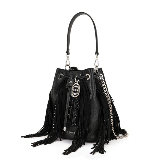 Secchiello black con frange a contrasto in suede