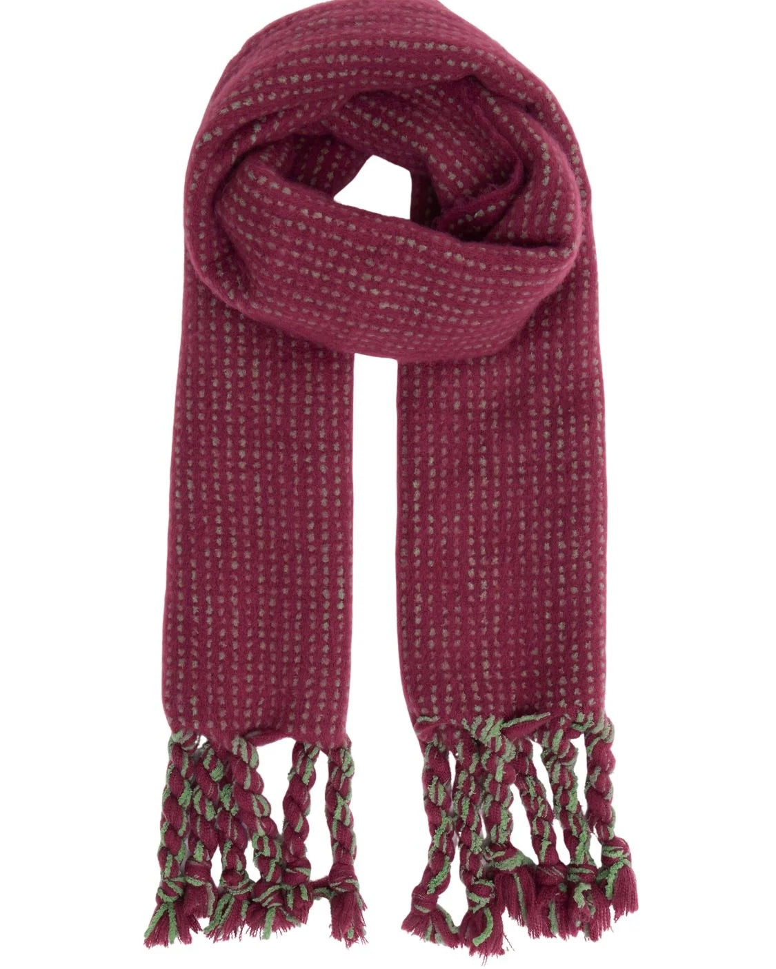 Sciarpa magenta con trecce e nappine