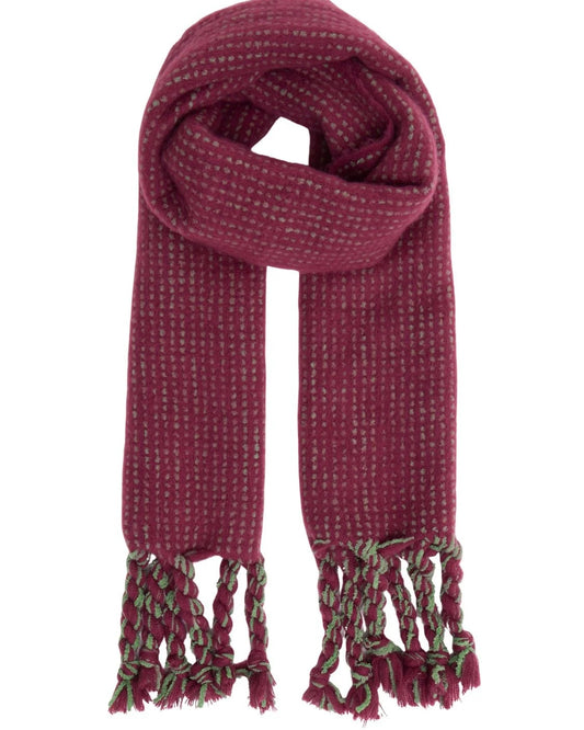 Sciarpa magenta con trecce e nappine