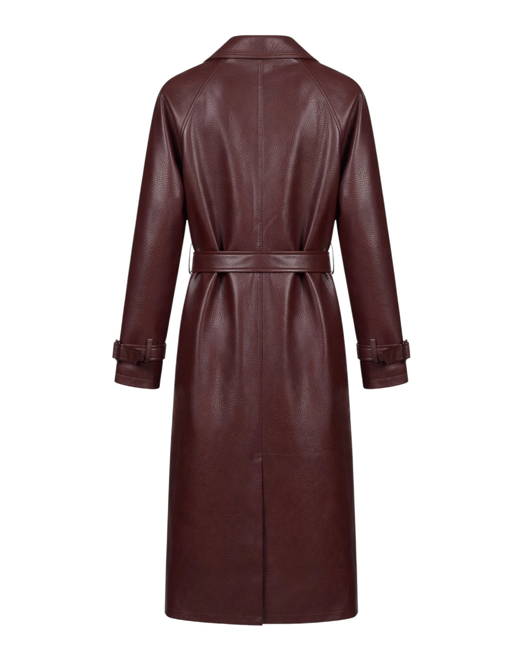 Trench lungo bordeaux ecopelle effetto martellato con bottoni e cintura rimovibile in vita