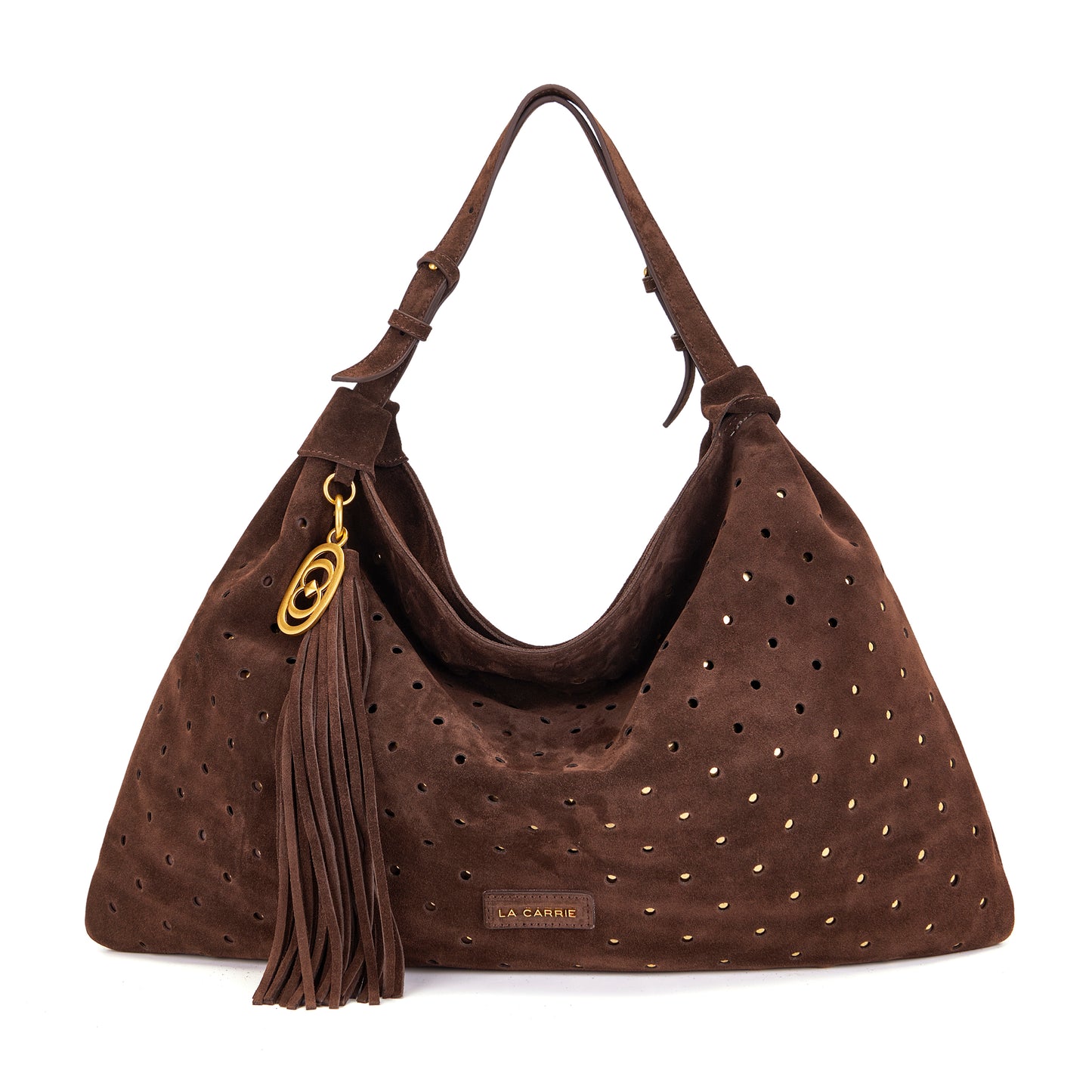 Borsa grande a spalla brown in suede con borchie oro