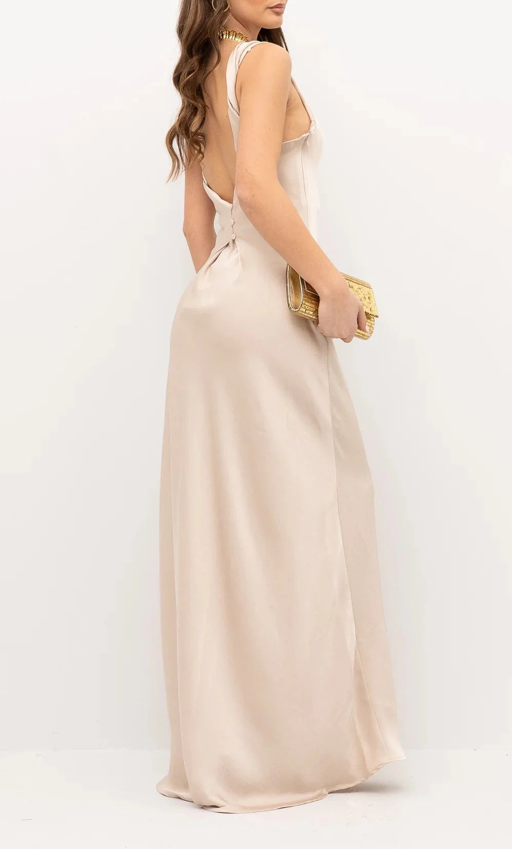 Abito lungo monospalla in satin ecru