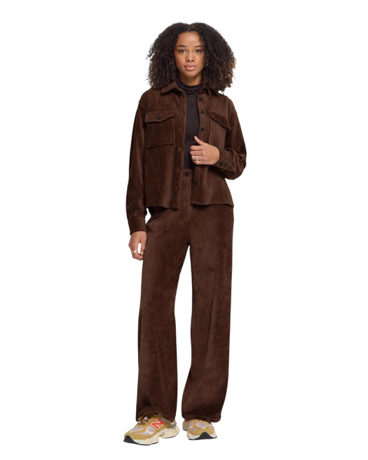 Dark brown ribbed velvet set: shirt and palazzo trousers