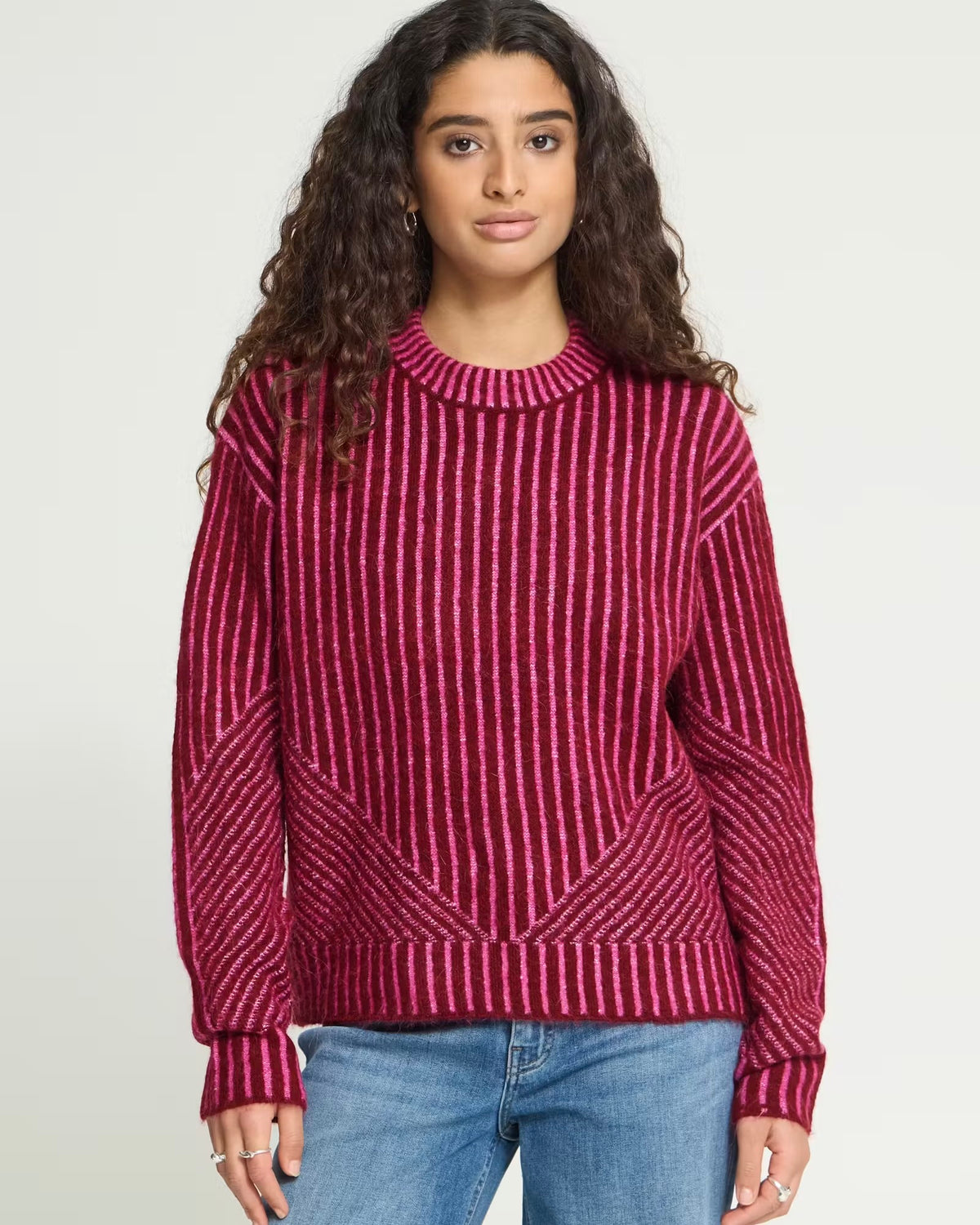 Maglione bicolor bordeaux/fuxia scollatura tonda