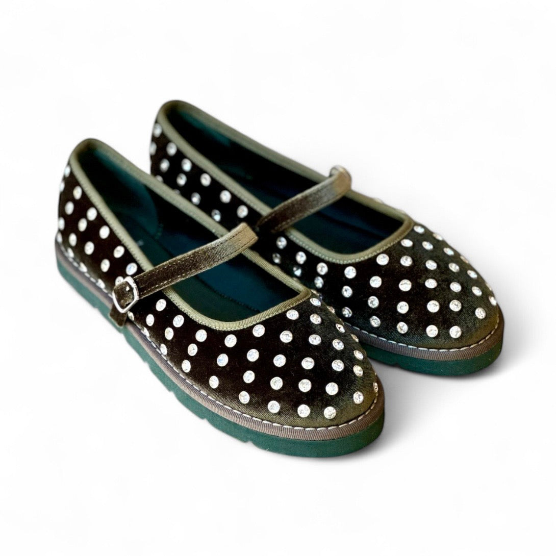 Ballerina velvet green con strass e cinturino