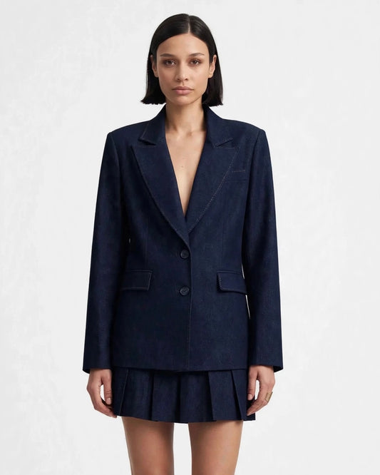 Navy blue suit with jacket and short pleated skirt