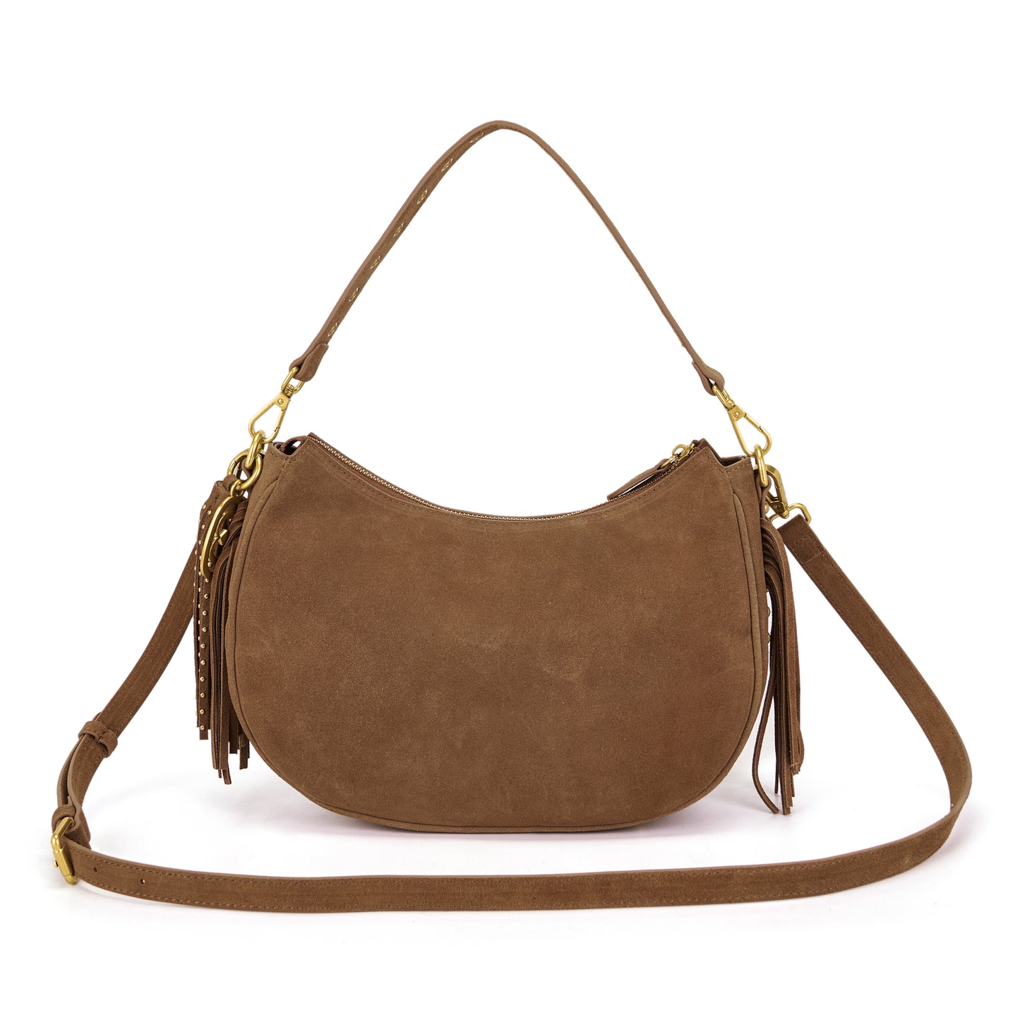 Borsa a spalla suede cuoio con frange e borchie a contrasto oro