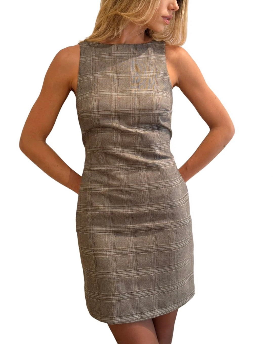 Short sleeveless dress with Prince of Wales check and back neckline