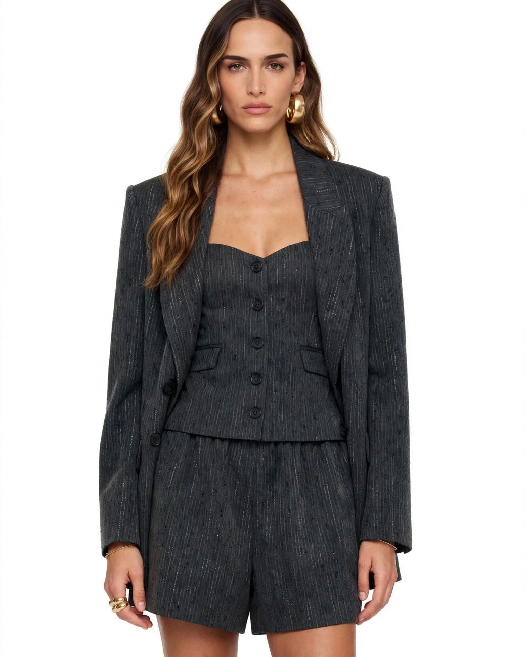 Grey set with jacket and shorts featuring micro-sequins