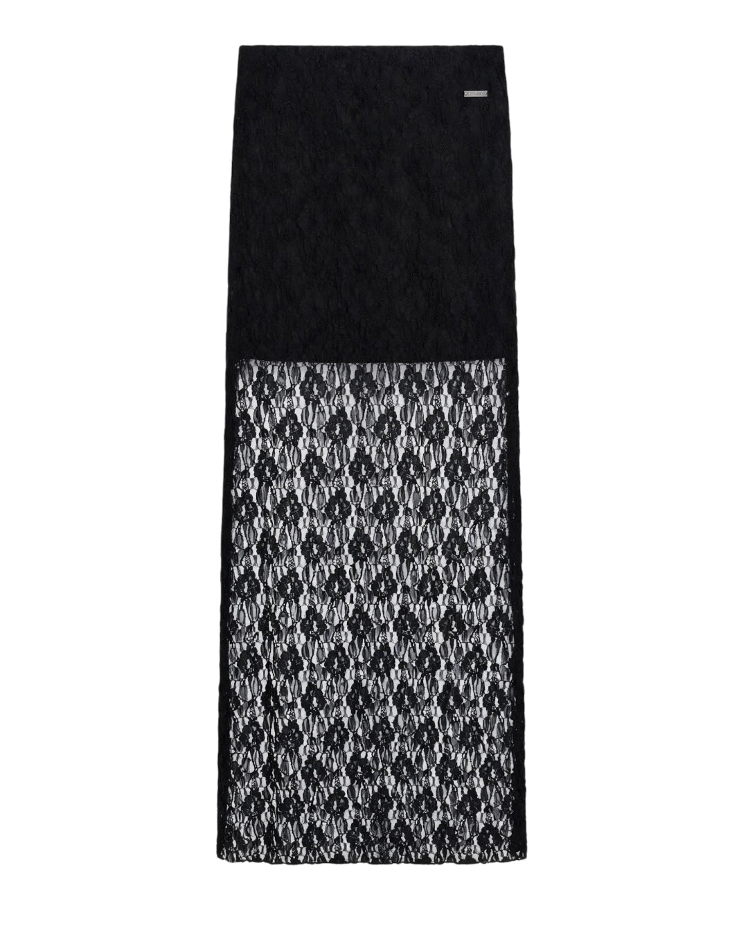 Completo in pizzo nero maglia con scollatura tonda e gonna lunga con gonnellino foderato