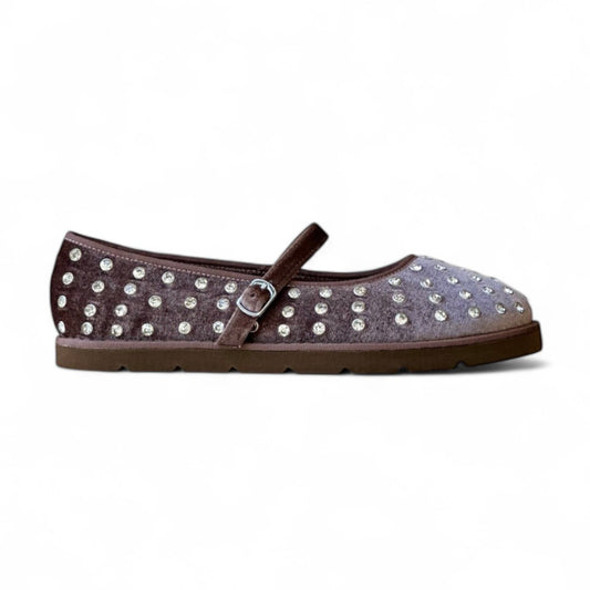 Ballerina velvet taupe con strass e cinturino