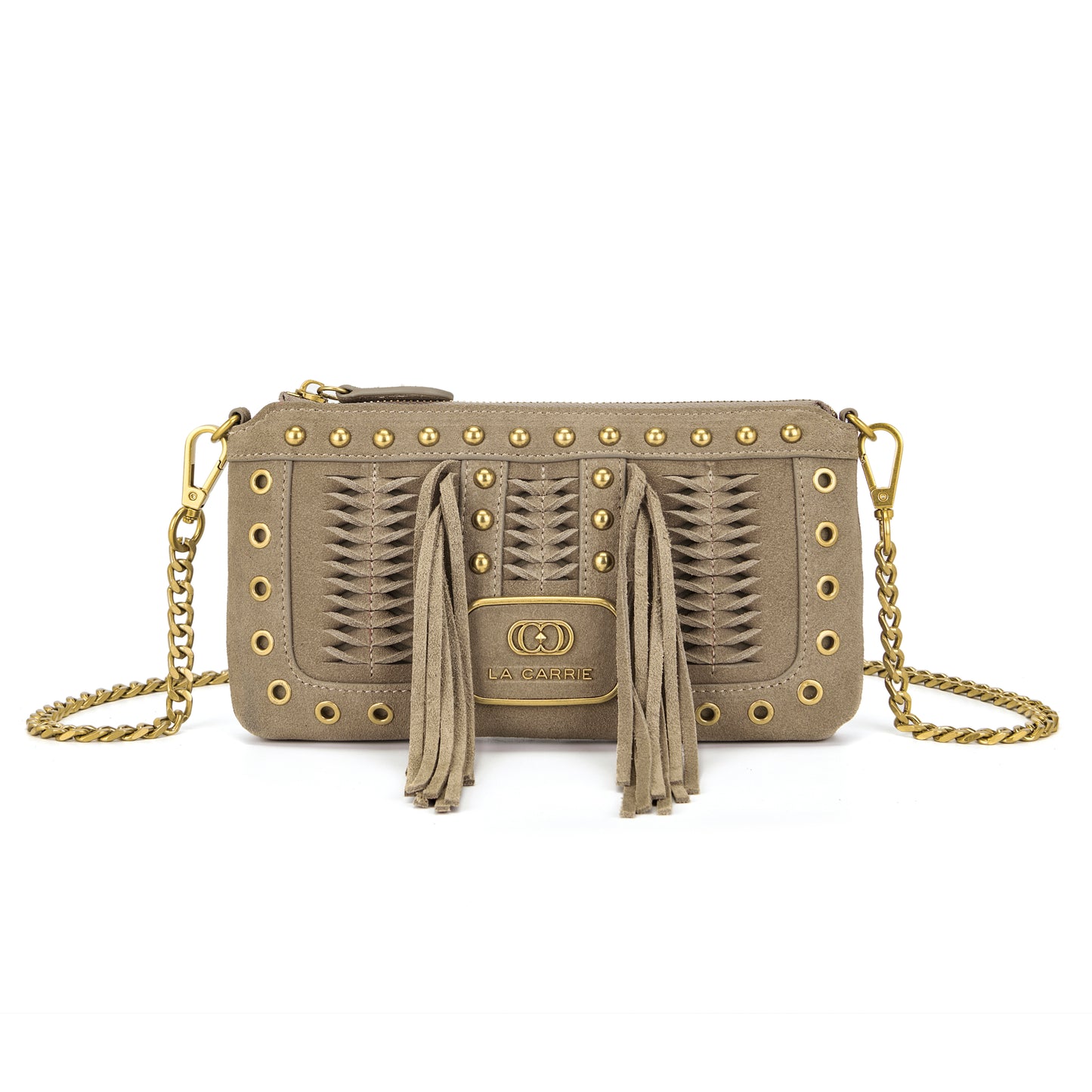 Pochette con frange suede taupe