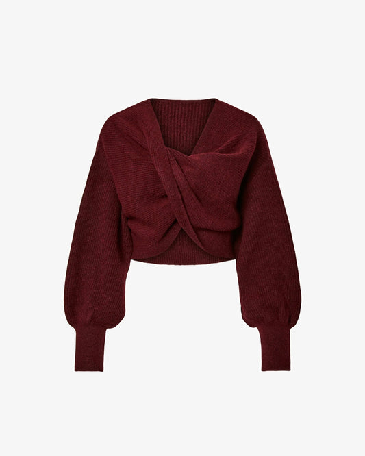 Maglione crop bordeaux con incrocio sulla parte davanti