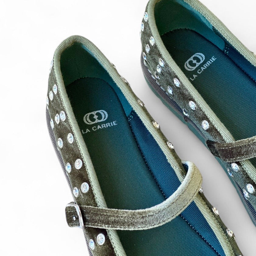 Ballerina velvet green con strass e cinturino