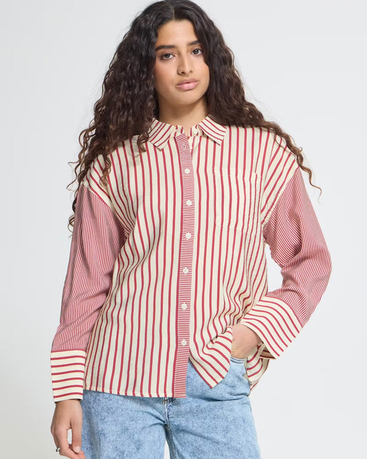 Regular fit long sleeve shirt burgundy/cream with side pocket