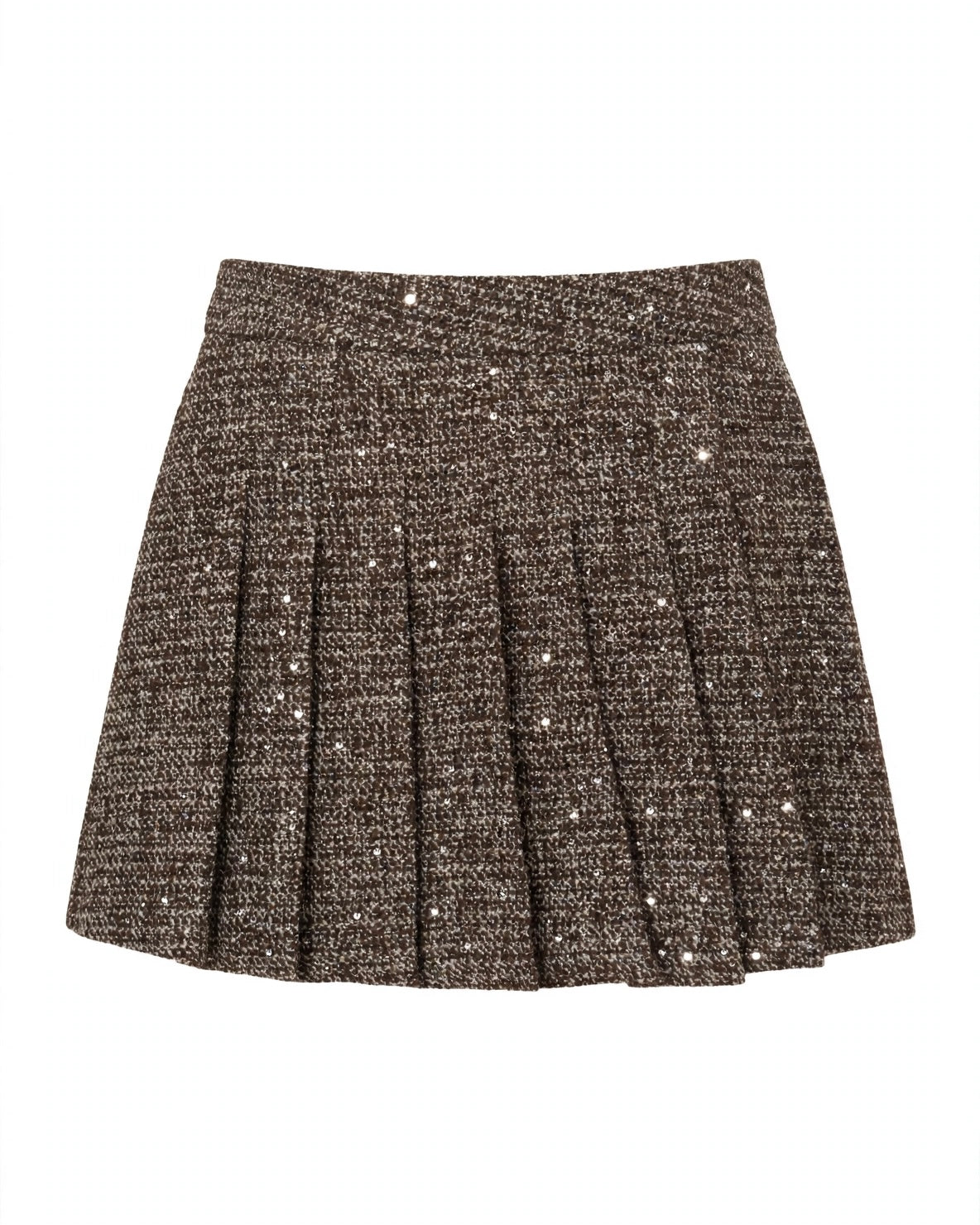 Completo moro in tweed giacca corta con taschini e bottoni in velluto e gonna corta a pieghe
