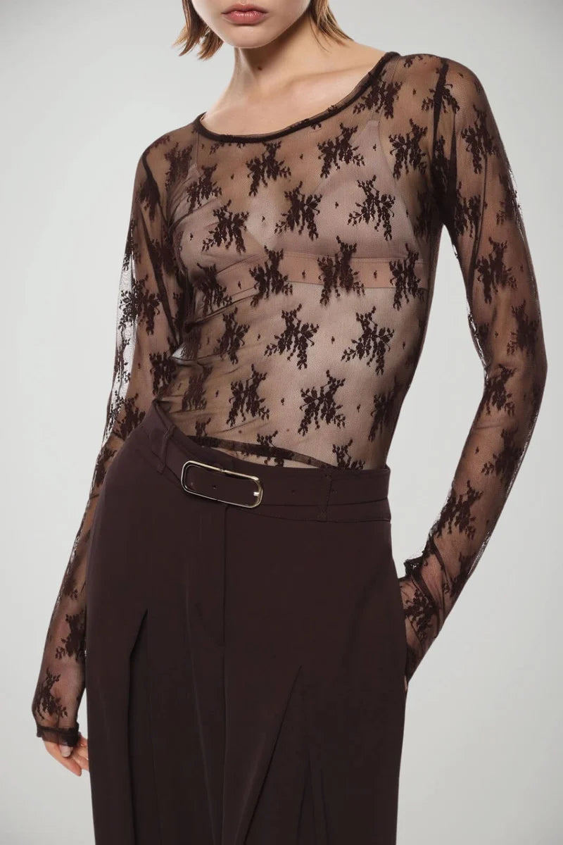 Maglia cioccolato manica lunga effetto pizzo